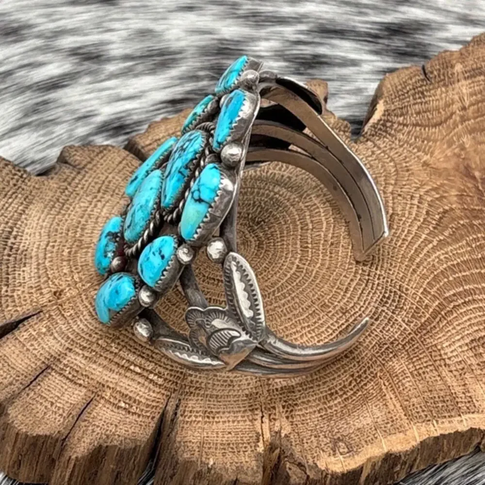 1960s Native American NAVAJO Sterling Turquoise Cluster Cuff Bracelet Flowers - Picture 2 of 5